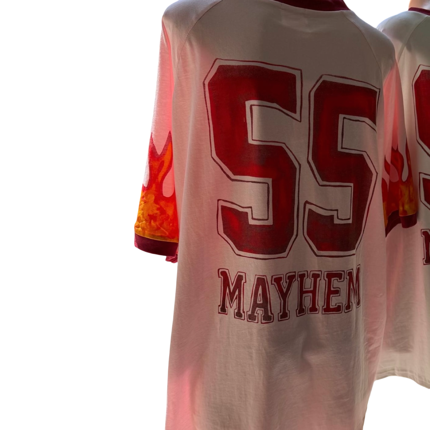 White t-shirt with red text and numbers on a plain background