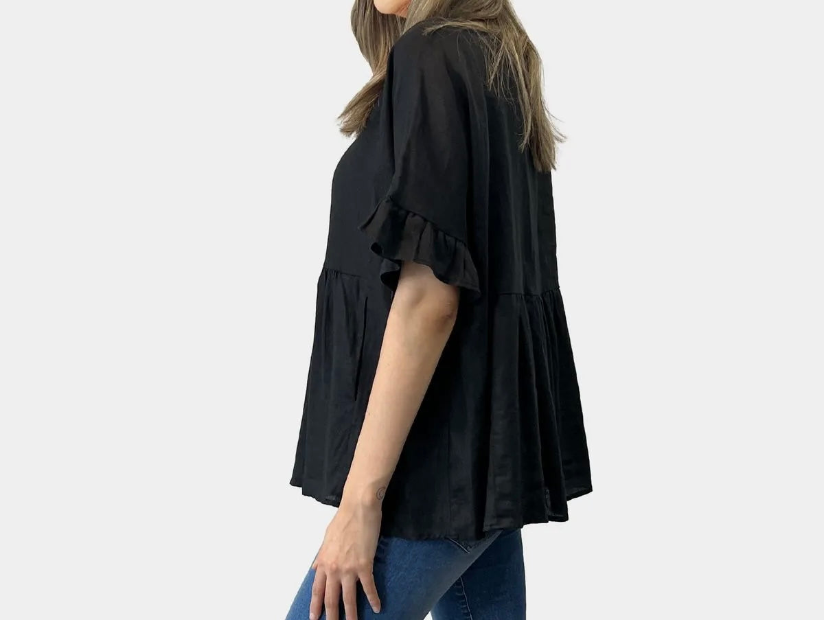 Black Linen Top with frill