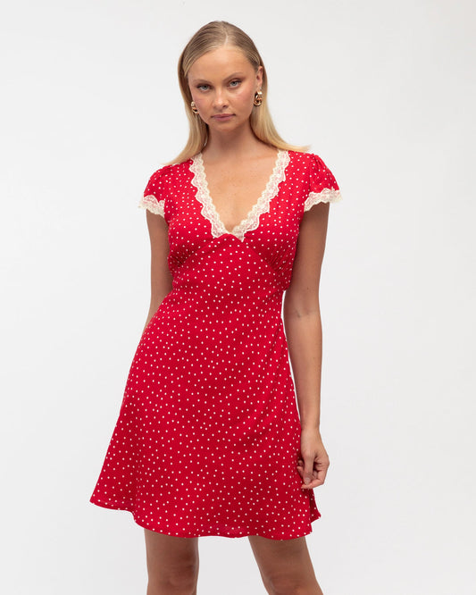 Sia Lace Trim Mini Dress Red