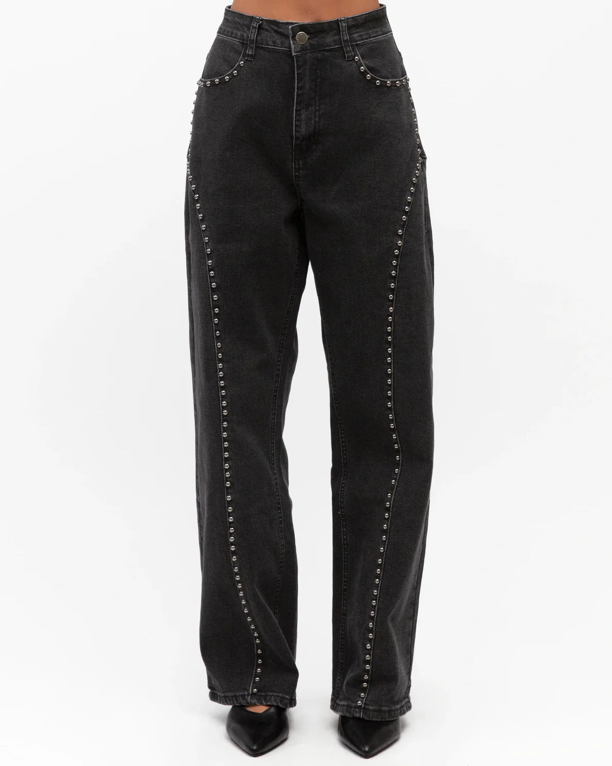 Paper Heart Contrasting Stud Denim Pants Charcoal