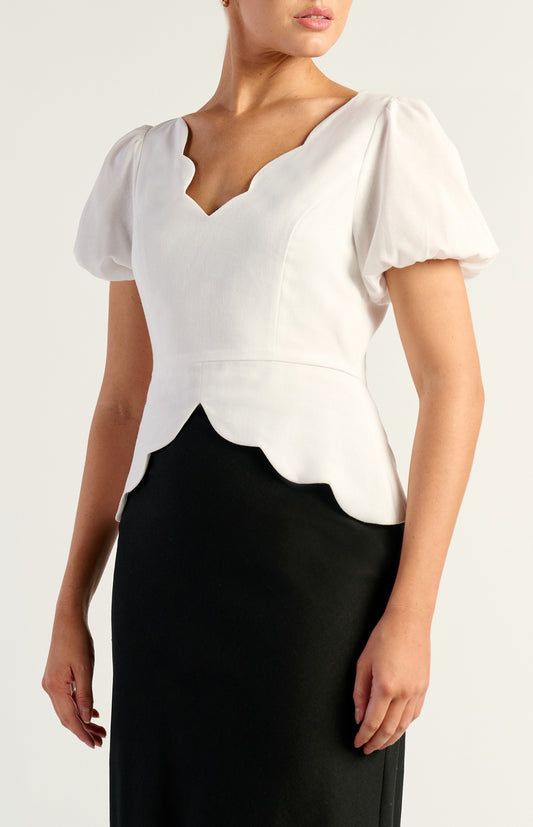 Lia Puff Sleeve Scallop Top White