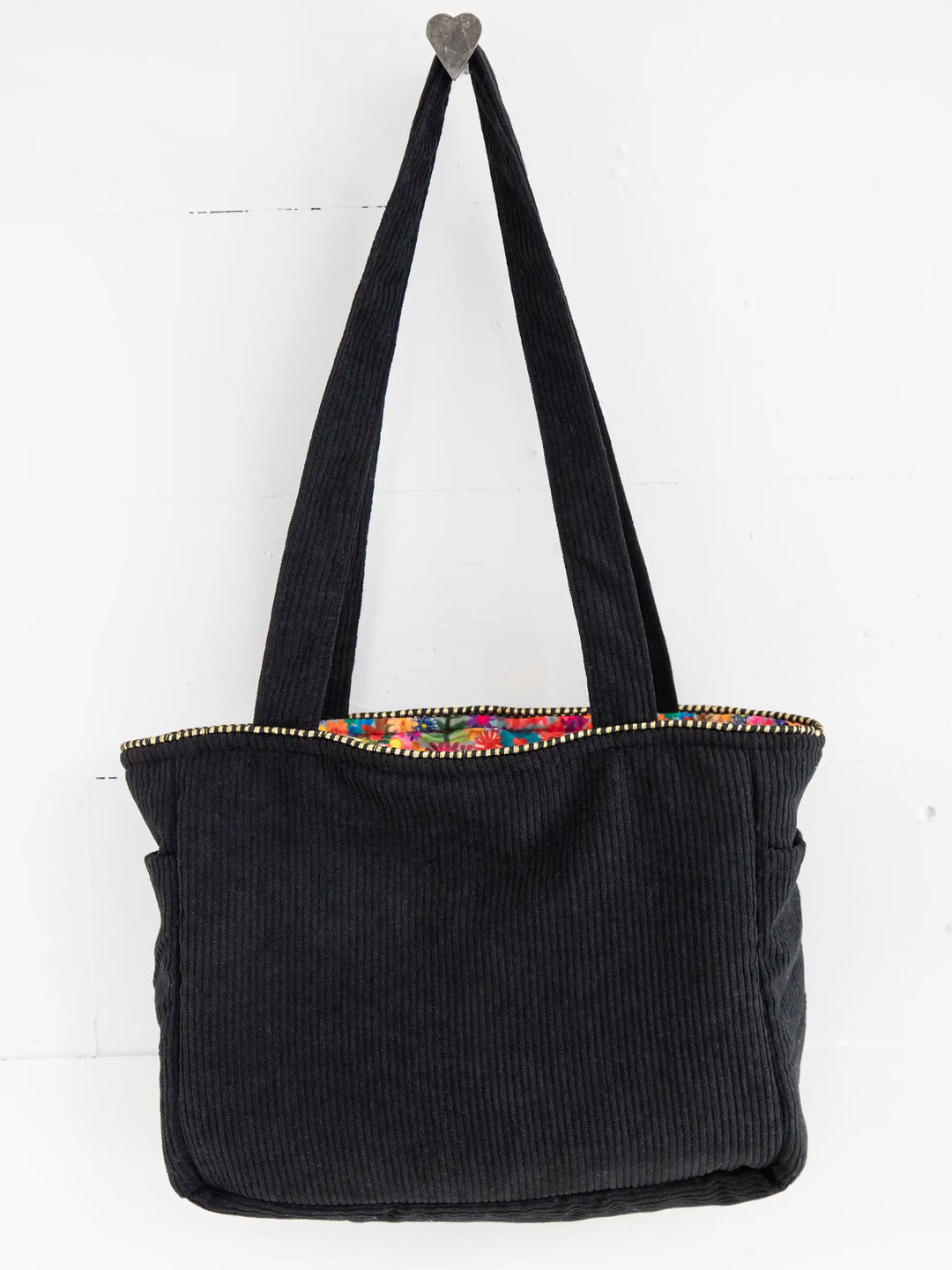 Embroidered Corduroy Tote - Black Folk Flower