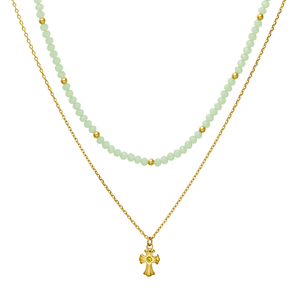 Duo Chain & Light Green Glass Bead Rosary Necklace with Cross